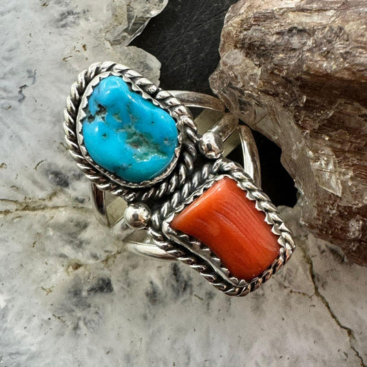 Native American Sterling Silver Coral & Kingman Turquoise Ring Size 8.25 For Women