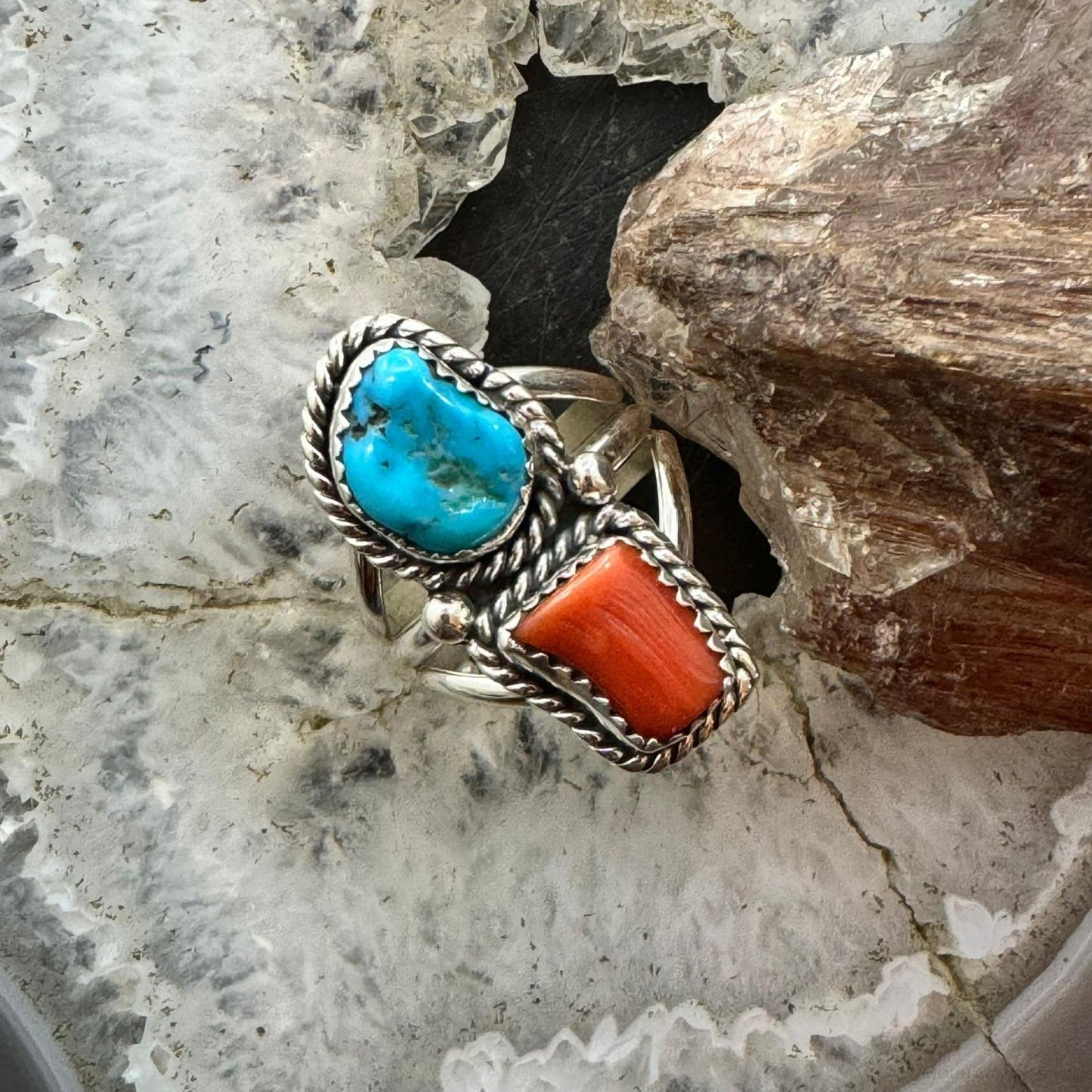 Native American Sterling Silver Coral & Kingman Turquoise Ring Size 8.25 For Women