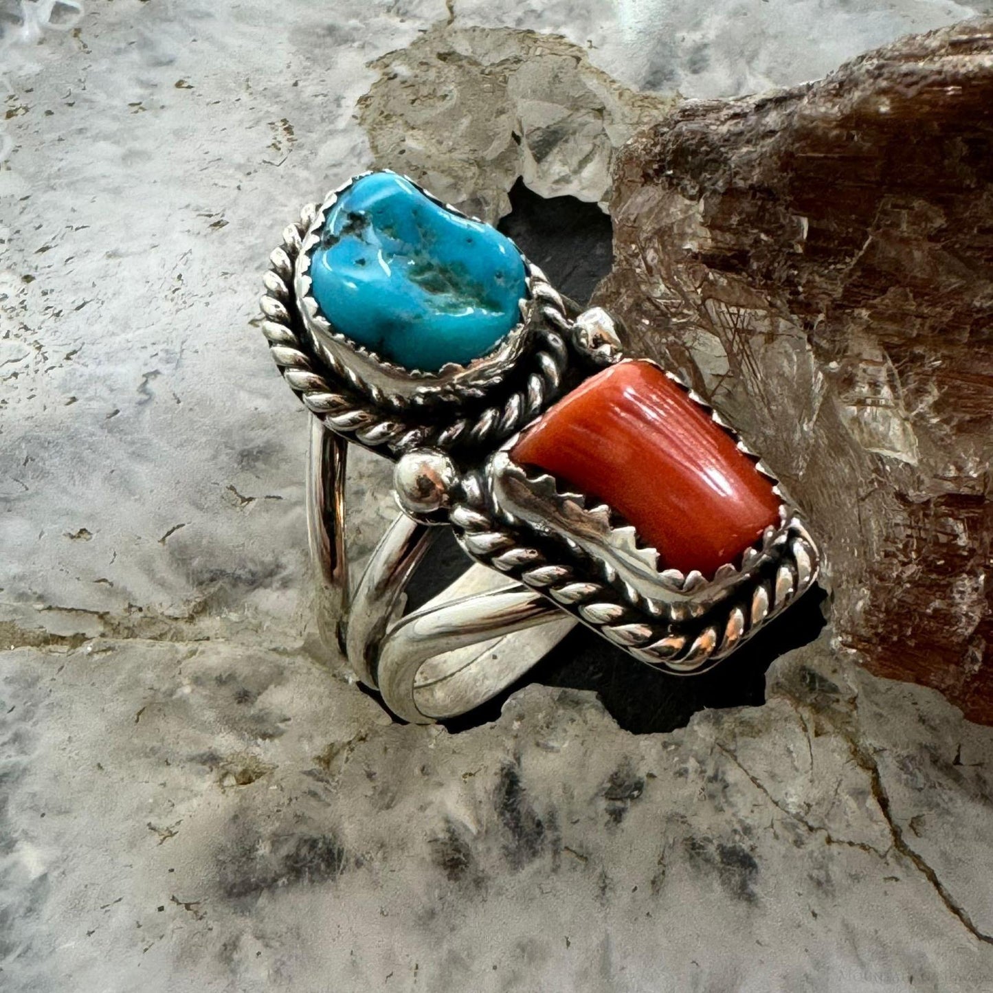 Native American Sterling Silver Coral & Kingman Turquoise Ring Size 8.25 For Women