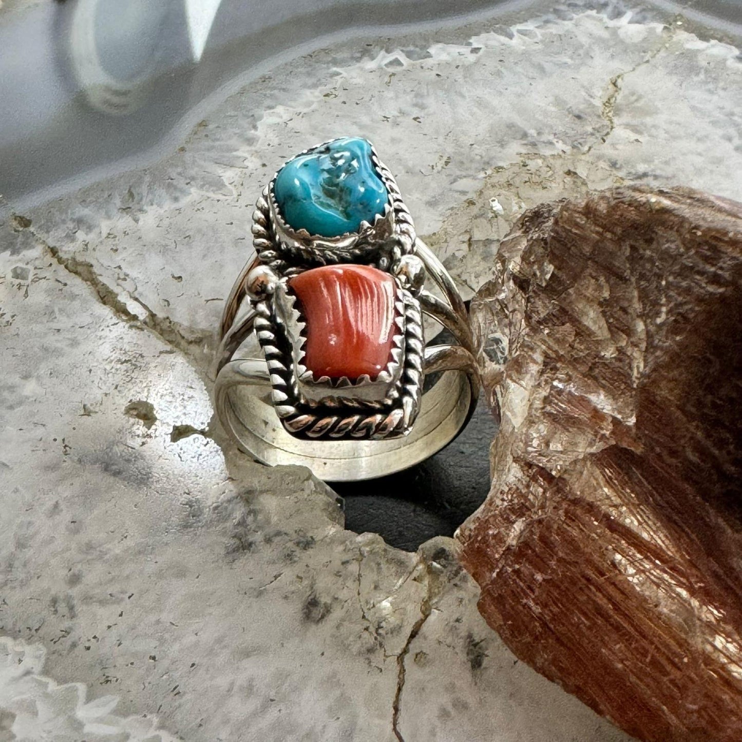 Native American Sterling Silver Coral & Kingman Turquoise Ring Size 8.25 For Women