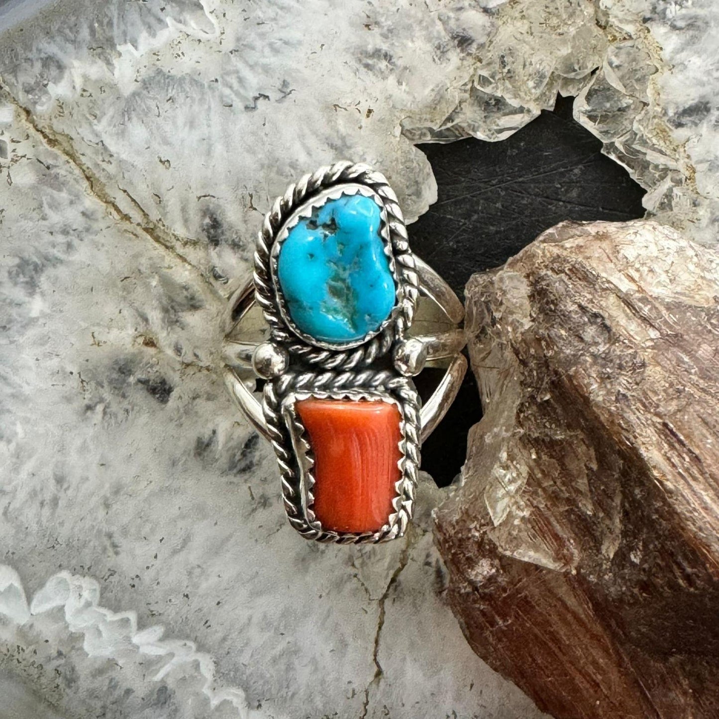 Native American Sterling Silver Coral & Kingman Turquoise Ring Size 8.25 For Women