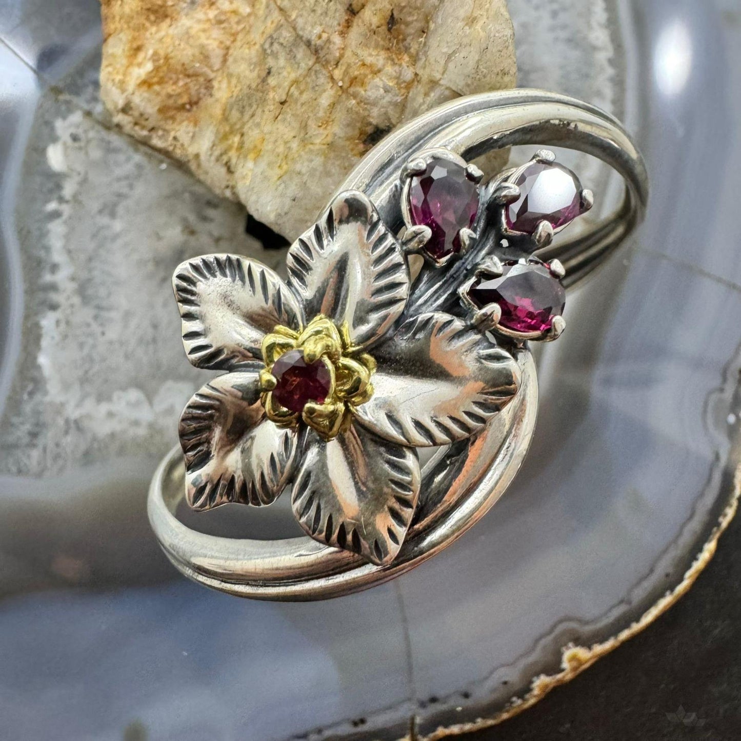 Carolyn Pollack Sterling Silver & Brass Garnet & 3 Pink Topaz Flower Bracelet For Women