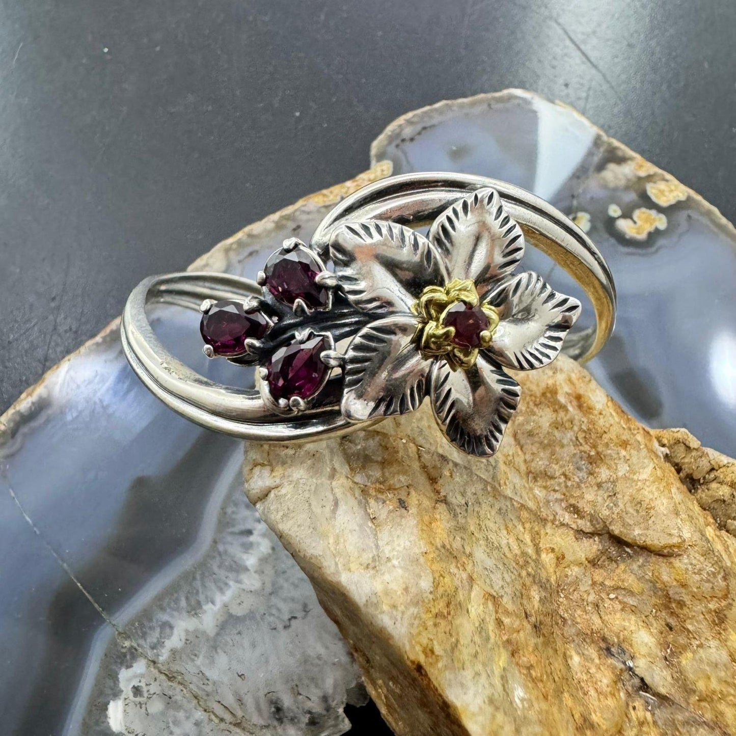 Carolyn Pollack Sterling Silver & Brass Garnet & 3 Pink Topaz Flower Bracelet For Women