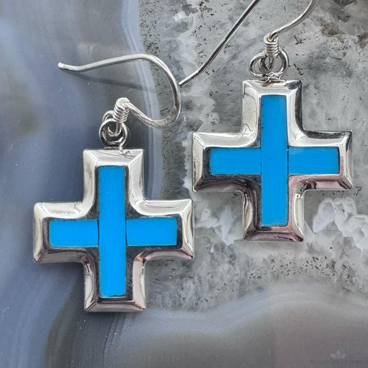 Sterling Silver Southwestern Style Turquoise Cross Dangle Earrings For Women
