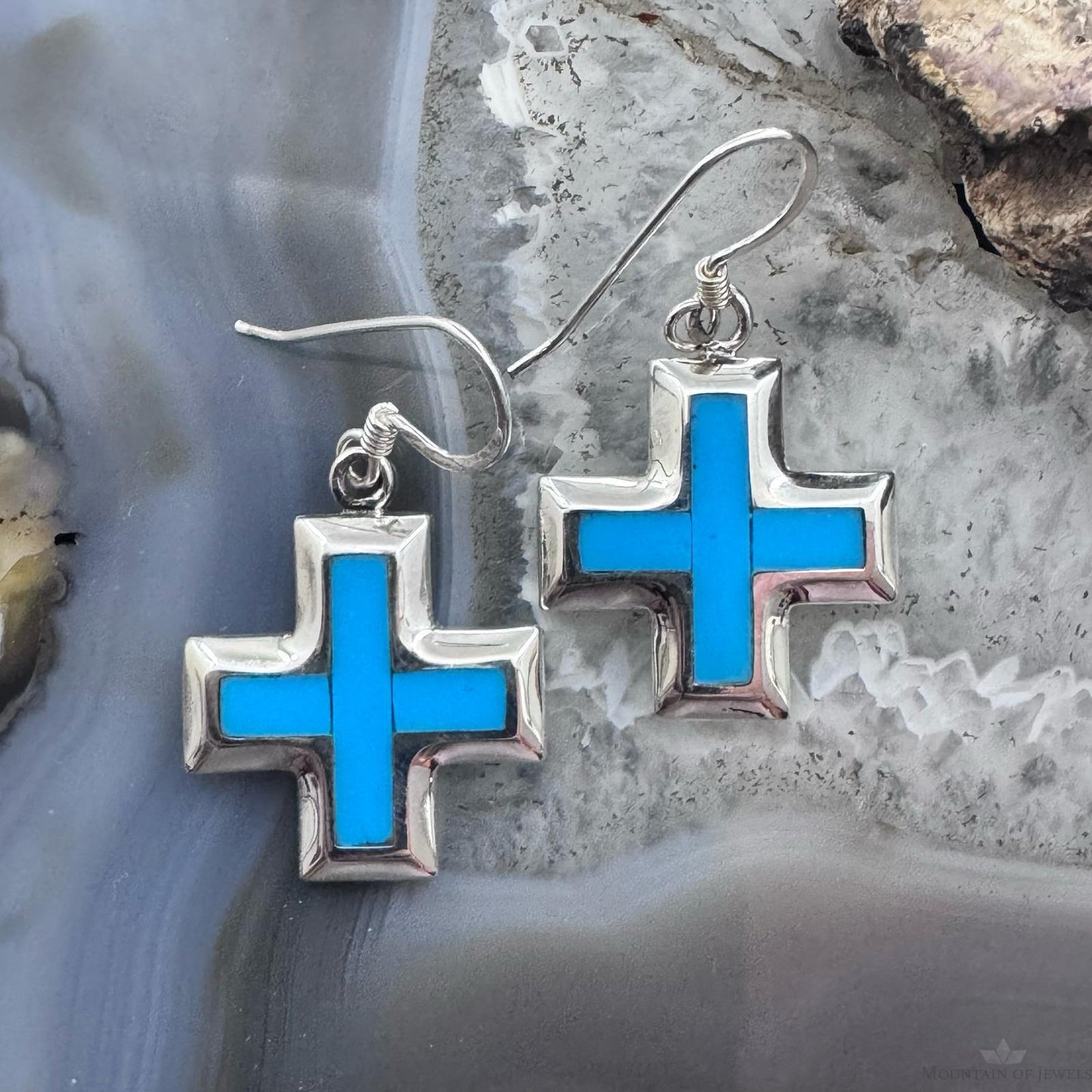 Sterling Silver Southwestern Style Turquoise Cross Dangle Earrings For Women
