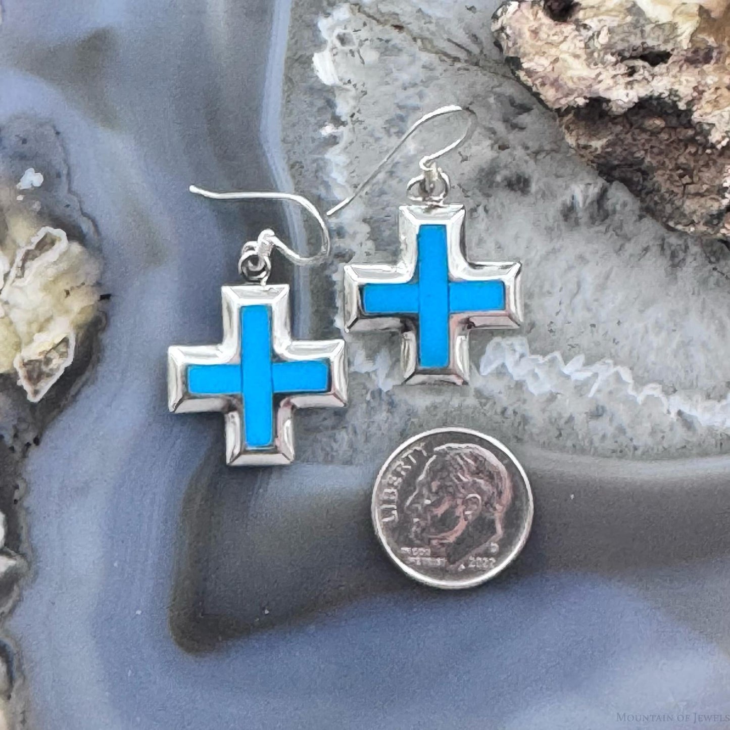 Sterling Silver Southwestern Style Turquoise Cross Dangle Earrings For Women