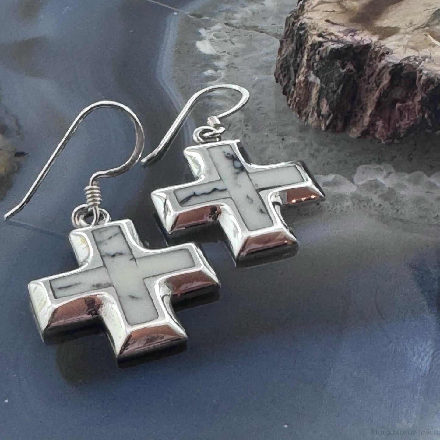 Sterling Silver Southwestern Style Howlite Inlay Cross Dangle Earrings For Women
