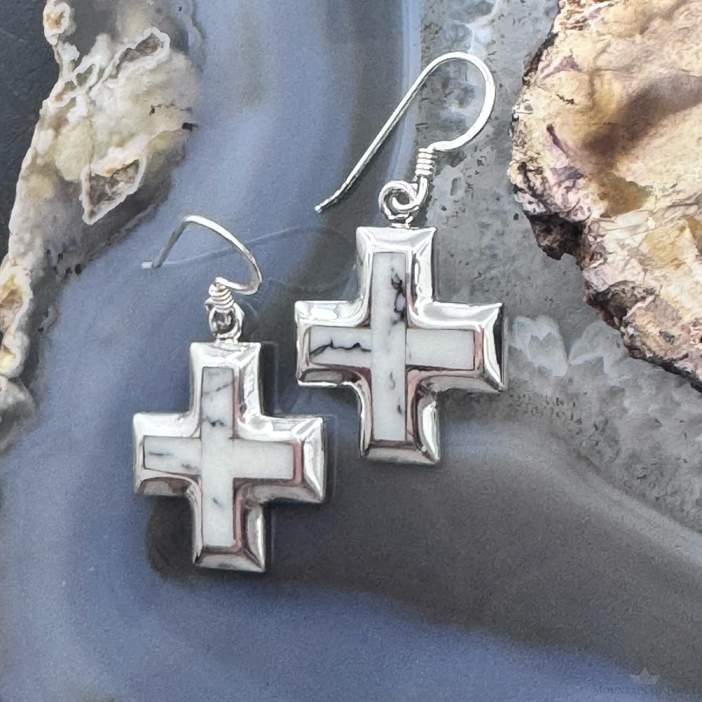 Sterling Silver Southwestern Style Howlite Inlay Cross Dangle Earrings For Women