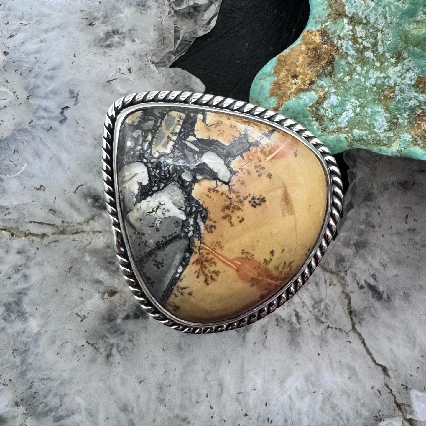 Sterling Southwestern Style Wide Teardrop Maligano Jasper Ring Size 7.75 For Women