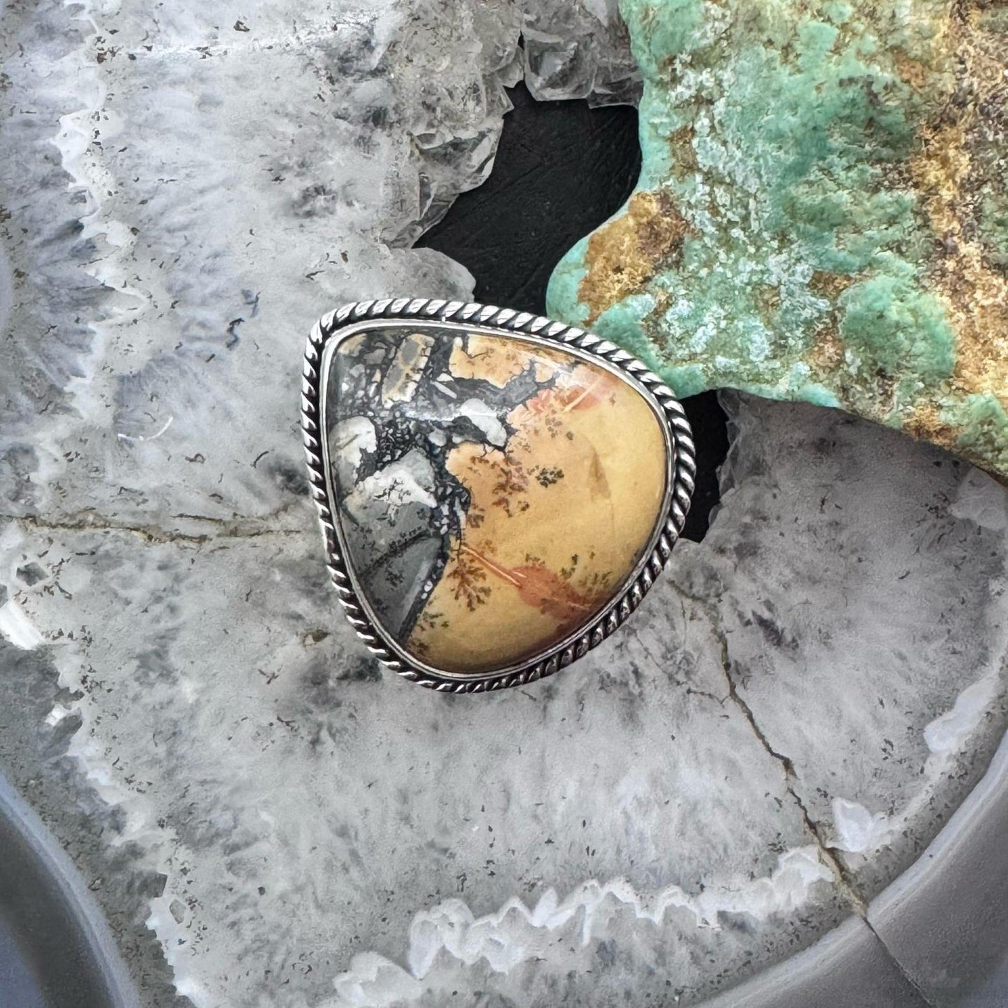 Sterling Southwestern Style Wide Teardrop Maligano Jasper Ring Size 7.75 For Women