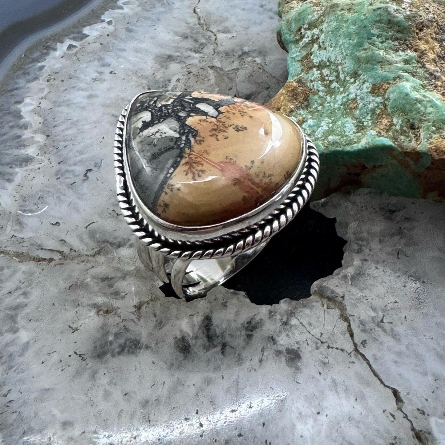 Sterling Southwestern Style Wide Teardrop Maligano Jasper Ring Size 7.75 For Women