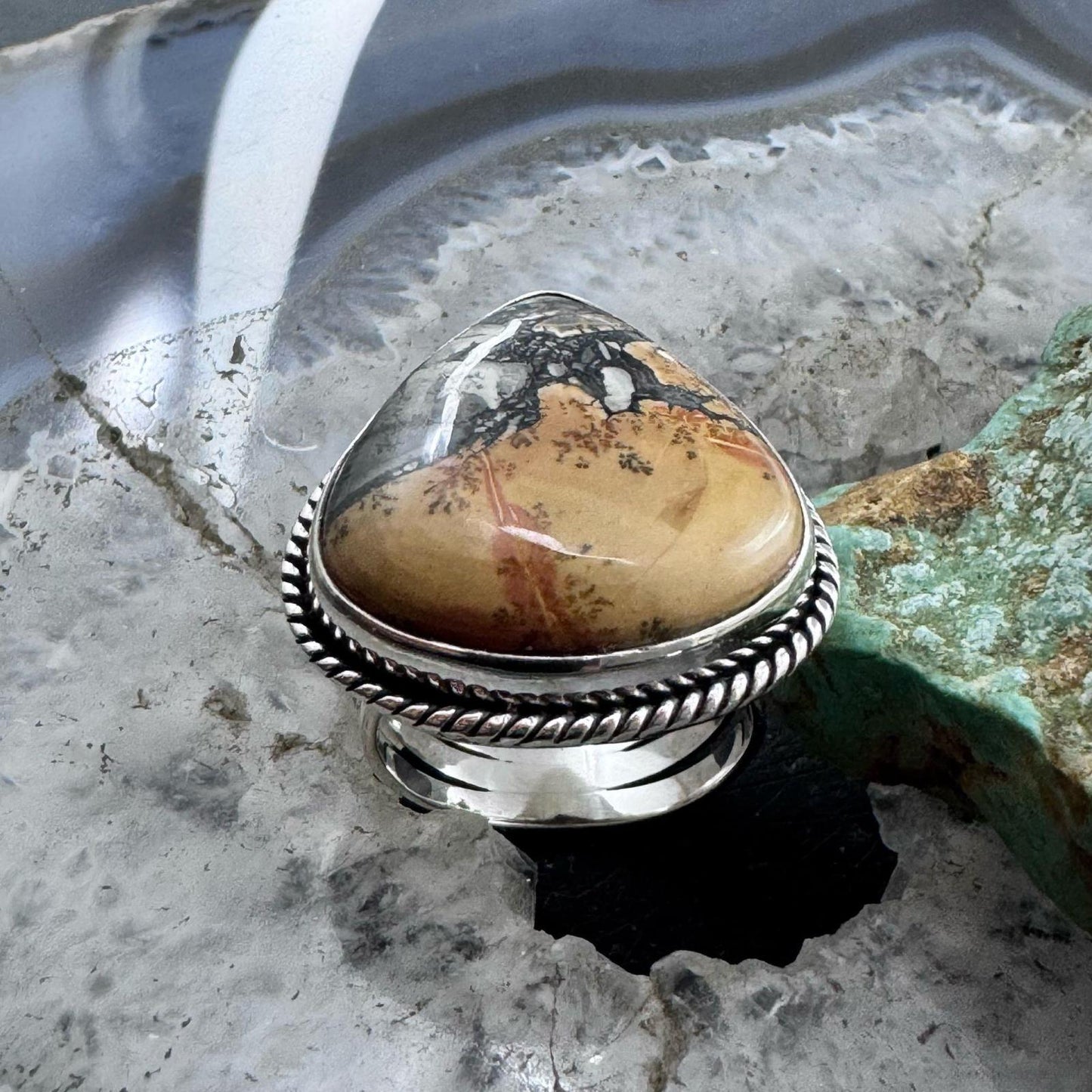 Sterling Southwestern Style Wide Teardrop Maligano Jasper Ring Size 7.75 For Women
