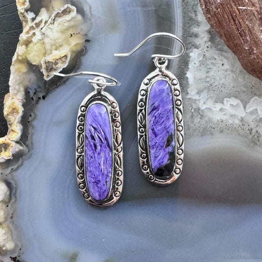 Native American Sterling Oval Charoite Decorated Dangle Earrings For Women