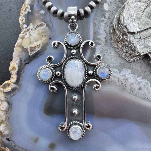 Sterling Silver Southwestern Style Moonstone Cross Pendant For Women