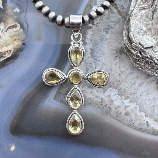 Sterling Silver Southwestern Style Citrine Decorated Cross Pendant For Women