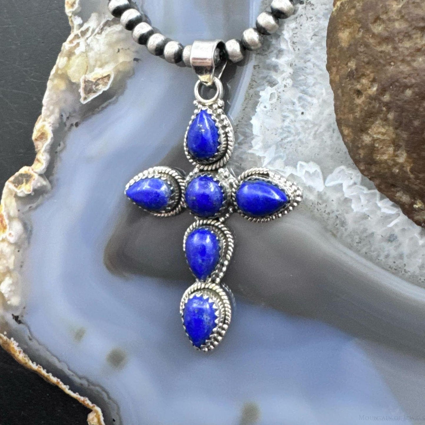 Sterling Silver Southwestern Style 6 Lapis Decorated Cross Pendant For Women