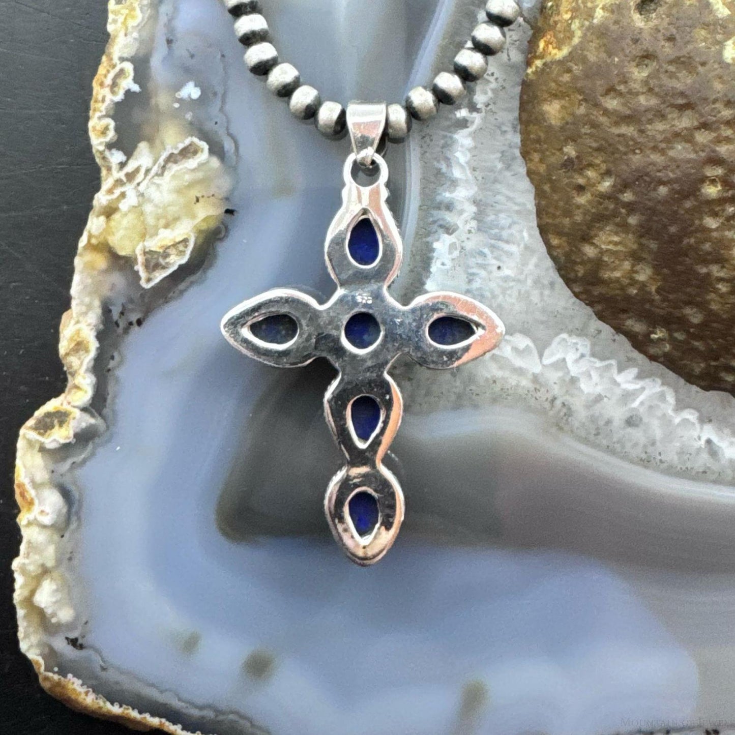 Sterling Silver Southwestern Style 6 Lapis Decorated Cross Pendant For Women