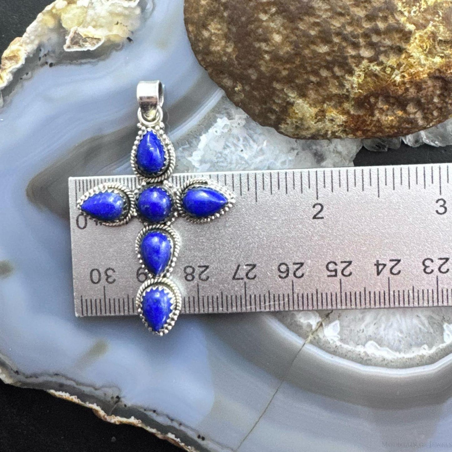 Sterling Silver Southwestern Style 6 Lapis Decorated Cross Pendant For Women