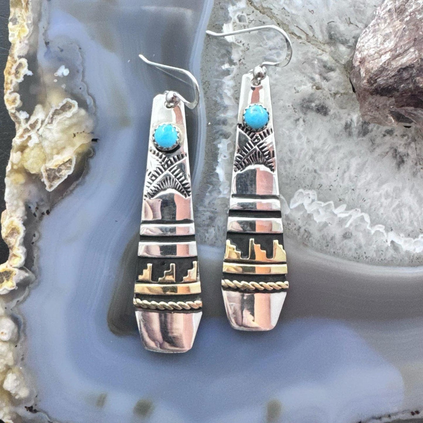 Tommy & Rosita Singer Sterling Silver & Gold Filled Turquoise Dot Dangle Earrings For Women