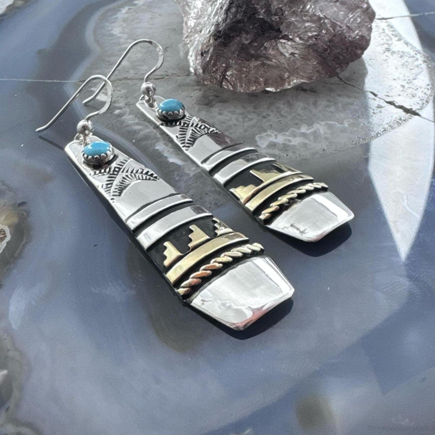 Tommy & Rosita Singer Sterling Silver & Gold Filled Turquoise Dot Dangle Earrings For Women