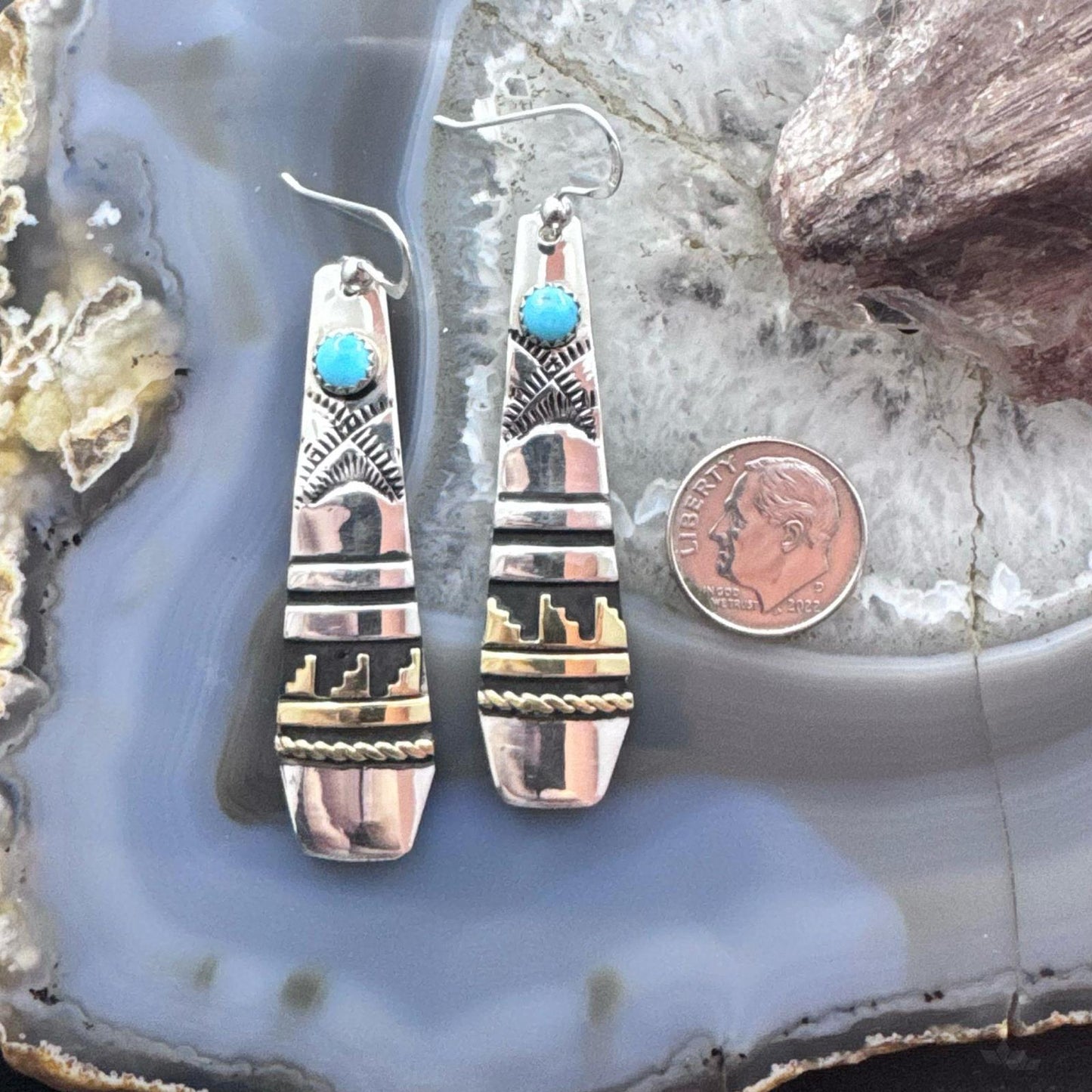 Tommy & Rosita Singer Sterling Silver & Gold Filled Turquoise Dot Dangle Earrings For Women
