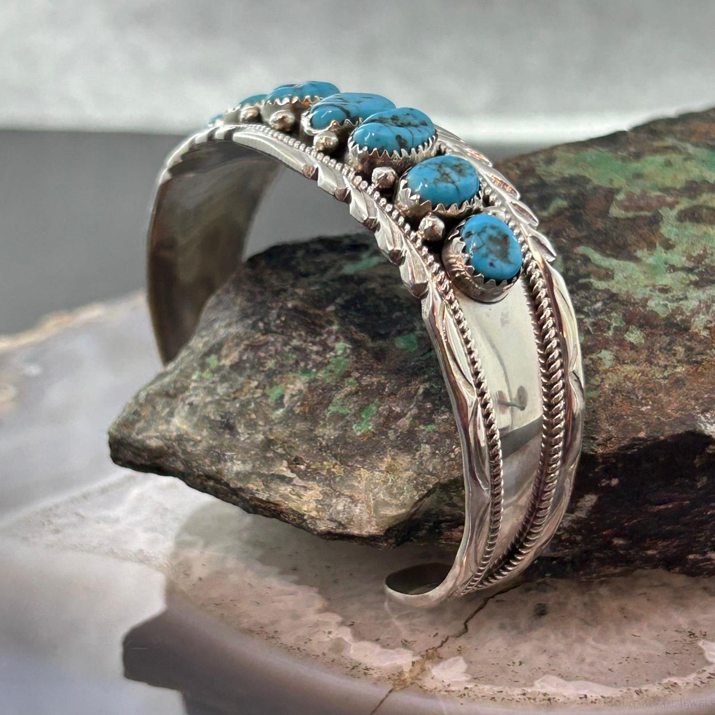 Anita Whitegoat Native American Sterling Silver 7 Turquoise Row Bracelet For Women #1