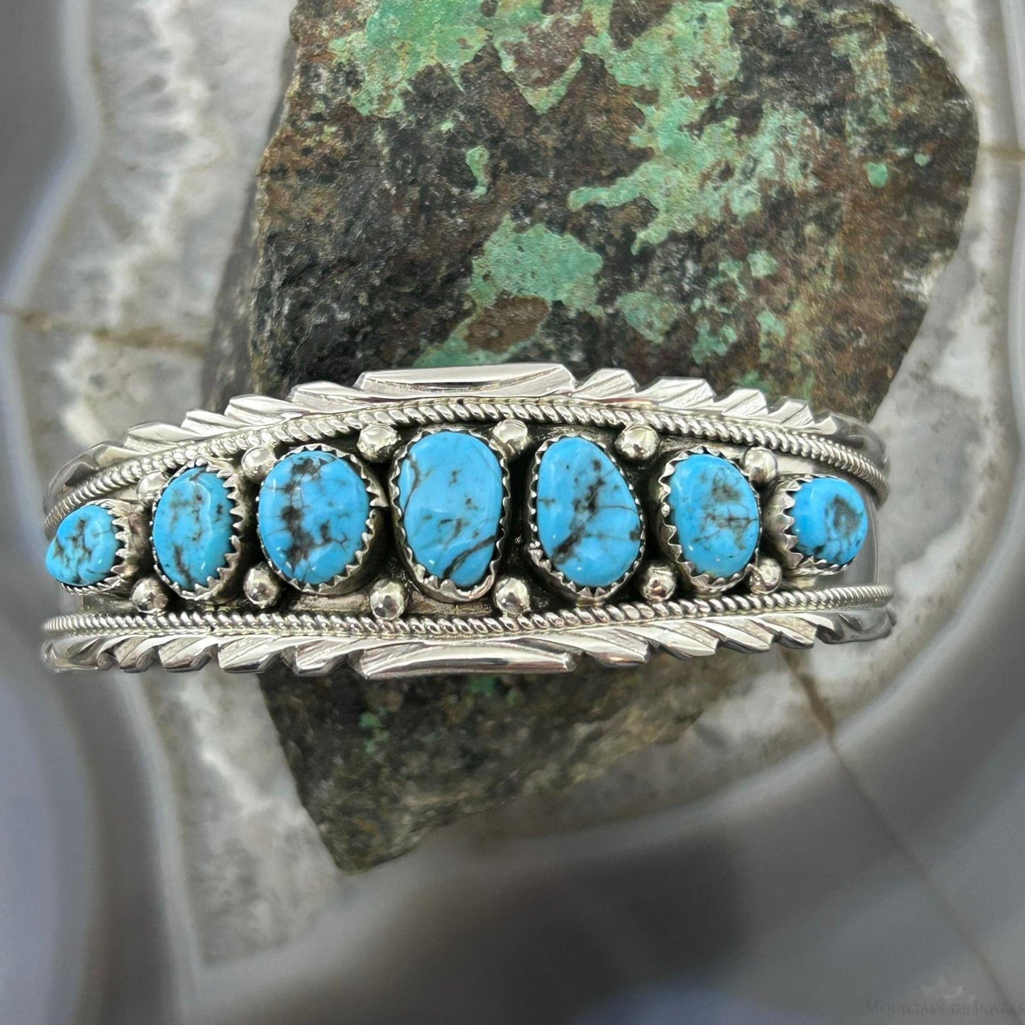 Anita Whitegoat Native American Sterling Silver 7 Turquoise Row Bracelet For Women #1