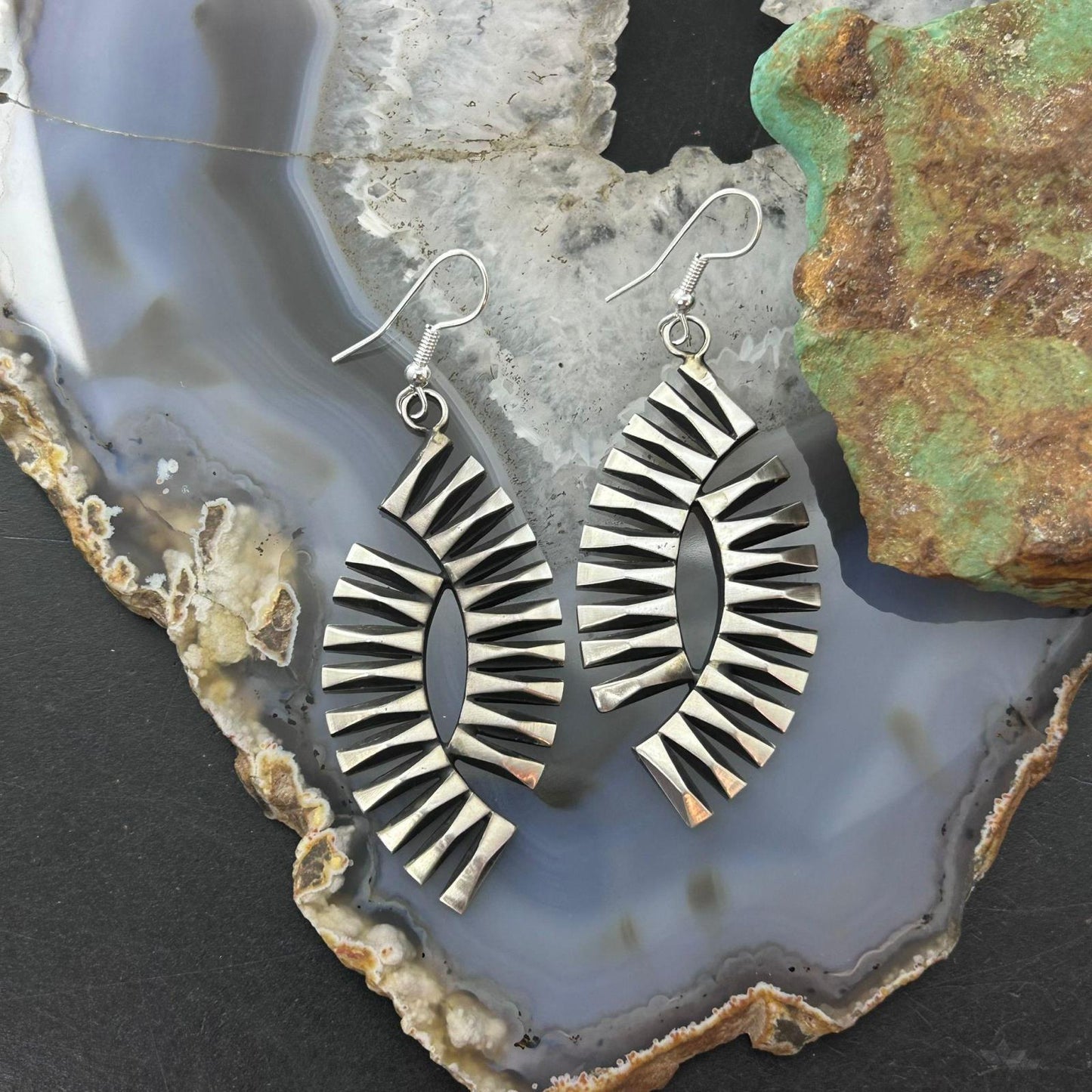 Leander Tahe Native American Sterling Silver 3D Geometric Dangle Earrings For Women