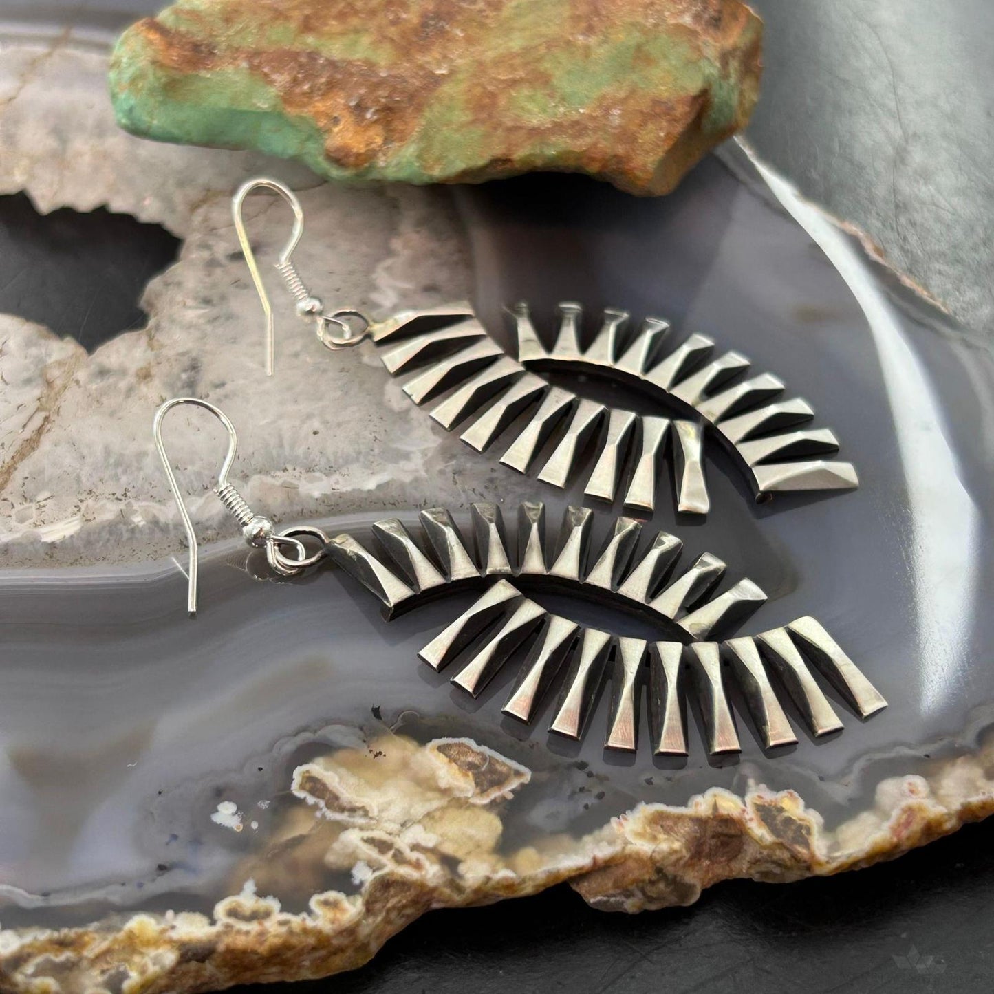 Leander Tahe Native American Sterling Silver 3D Geometric Dangle Earrings For Women