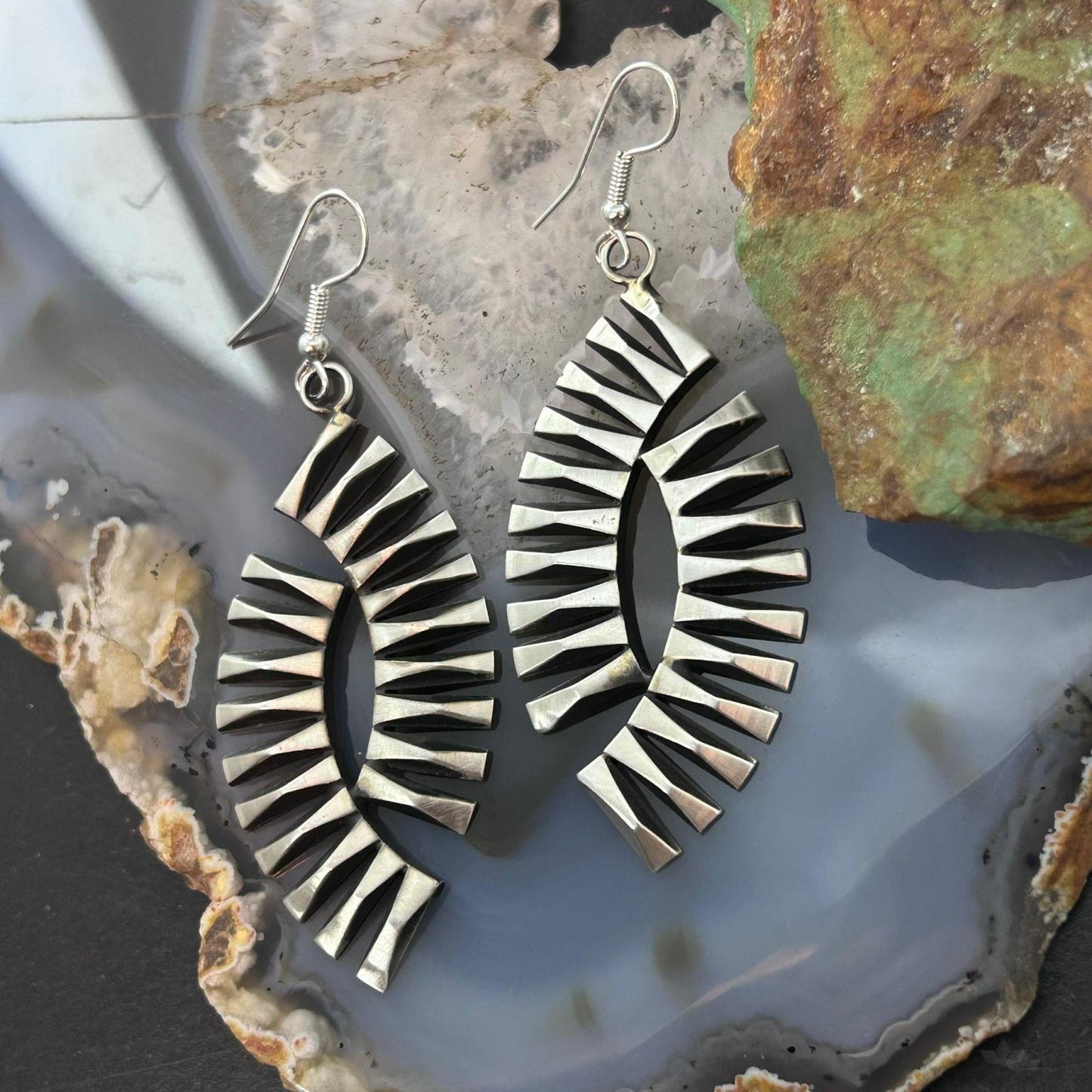 Leander Tahe Native American Sterling Silver 3D Geometric Dangle Earrings For Women