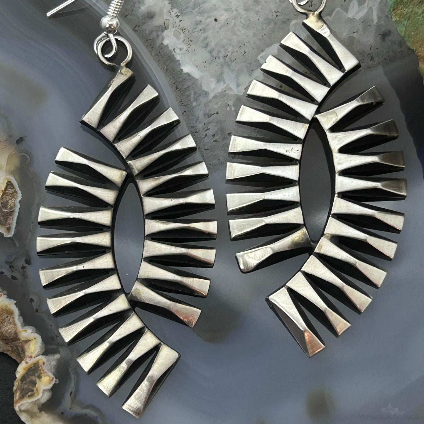 Leander Tahe Native American Sterling Silver 3D Geometric Dangle Earrings For Women