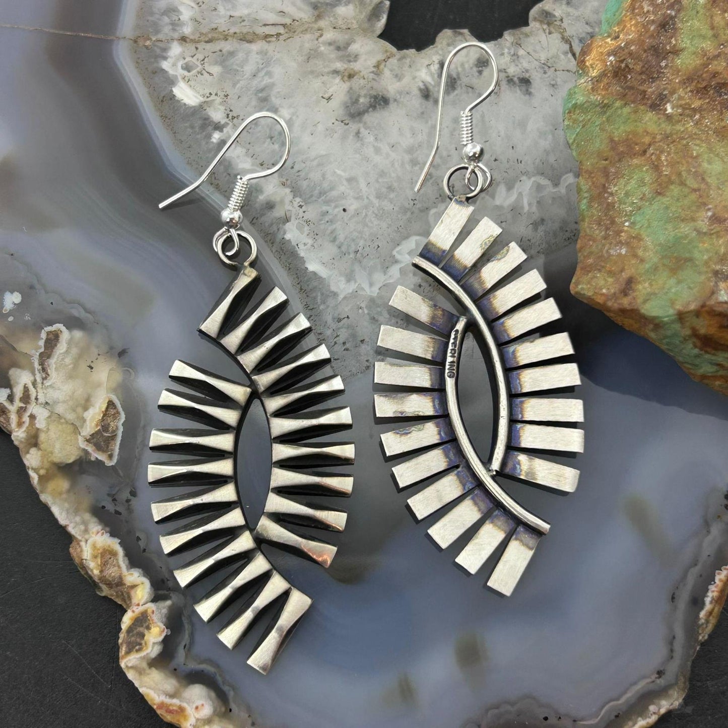 Leander Tahe Native American Sterling Silver 3D Geometric Dangle Earrings For Women