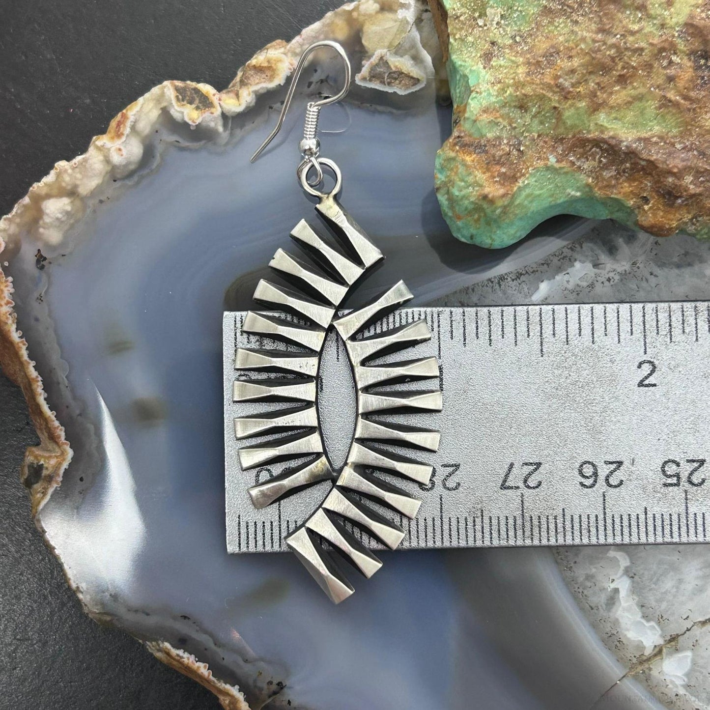 Leander Tahe Native American Sterling Silver 3D Geometric Dangle Earrings For Women
