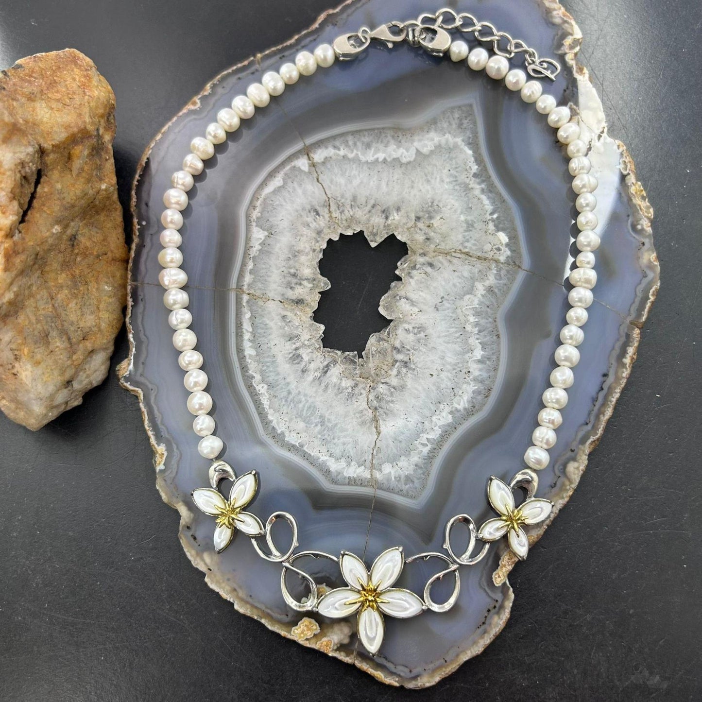 Carolyn Pollack Sterling Silver Freshwater Pearl and Floral Necklace 16"-18" For Women