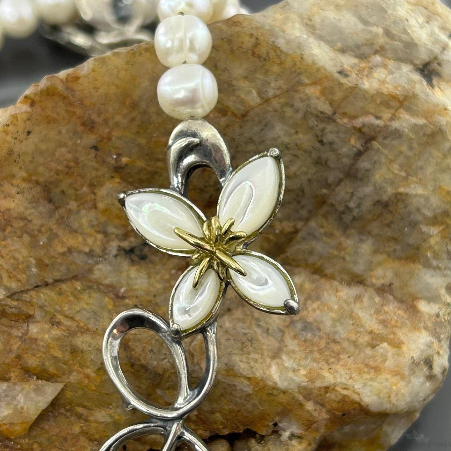Carolyn Pollack Sterling Silver Freshwater Pearl and Floral Necklace 16"-18" For Women