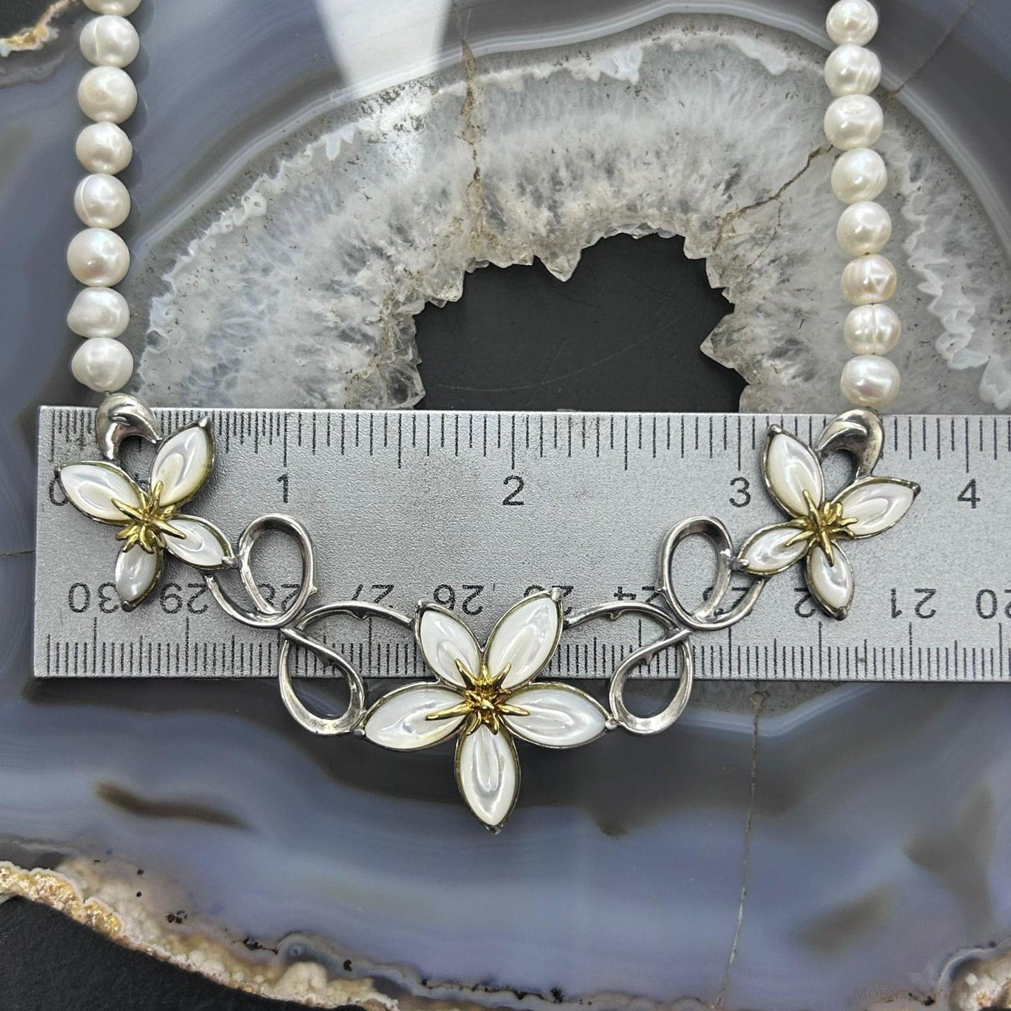 Carolyn Pollack Sterling Silver Freshwater Pearl and Floral Necklace 16"-18" For Women
