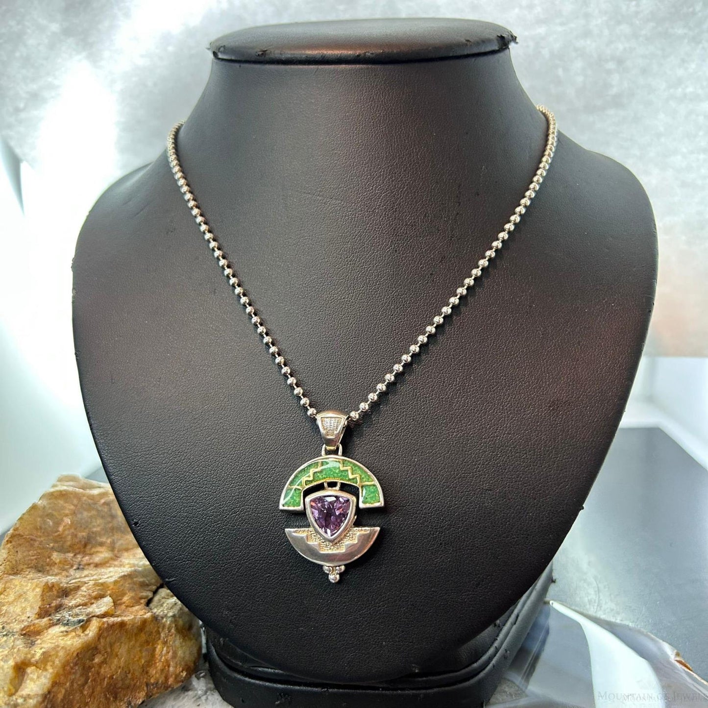 Carolyn Pollack Vintage Sterling Silver Chip Inlay Pendant on 17" Necklace For Women