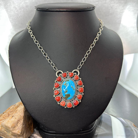 Native American Sterling Silver Oval Turquoise & Coral Heart Cluster Pendant W/Necklace For Women
