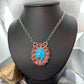 Native American Sterling Silver Oval Turquoise & Coral Heart Cluster Pendant W/Necklace For Women