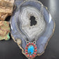 Native American Sterling Silver Oval Turquoise & Coral Heart Cluster Pendant W/Necklace For Women