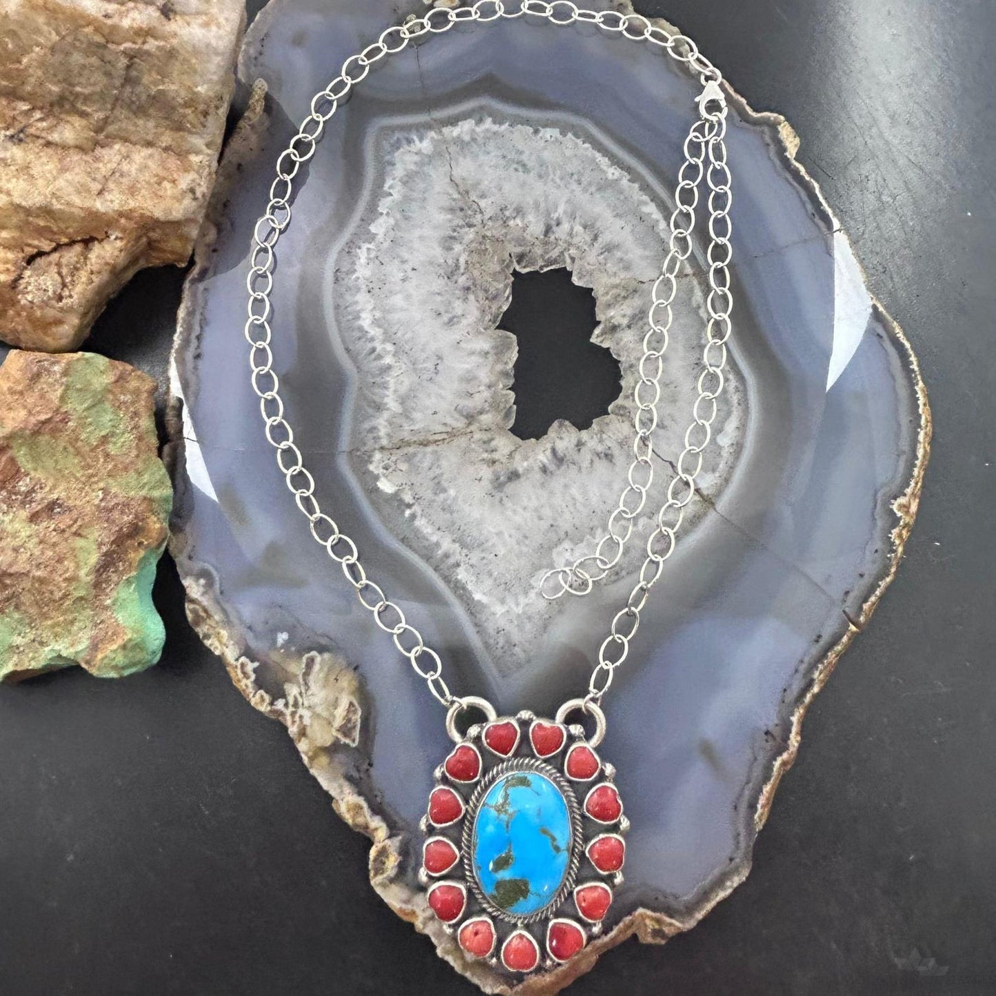 Native American Sterling Silver Oval Turquoise & Coral Heart Cluster Pendant W/Necklace For Women