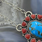 Native American Sterling Silver Oval Turquoise & Coral Heart Cluster Pendant W/Necklace For Women
