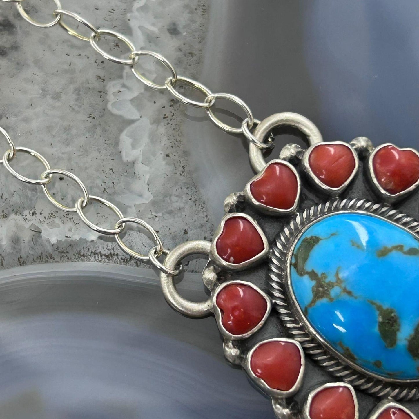 Native American Sterling Silver Oval Turquoise & Coral Heart Cluster Pendant W/Necklace For Women