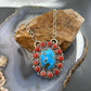 Native American Sterling Silver Oval Turquoise & Coral Heart Cluster Pendant W/Necklace For Women