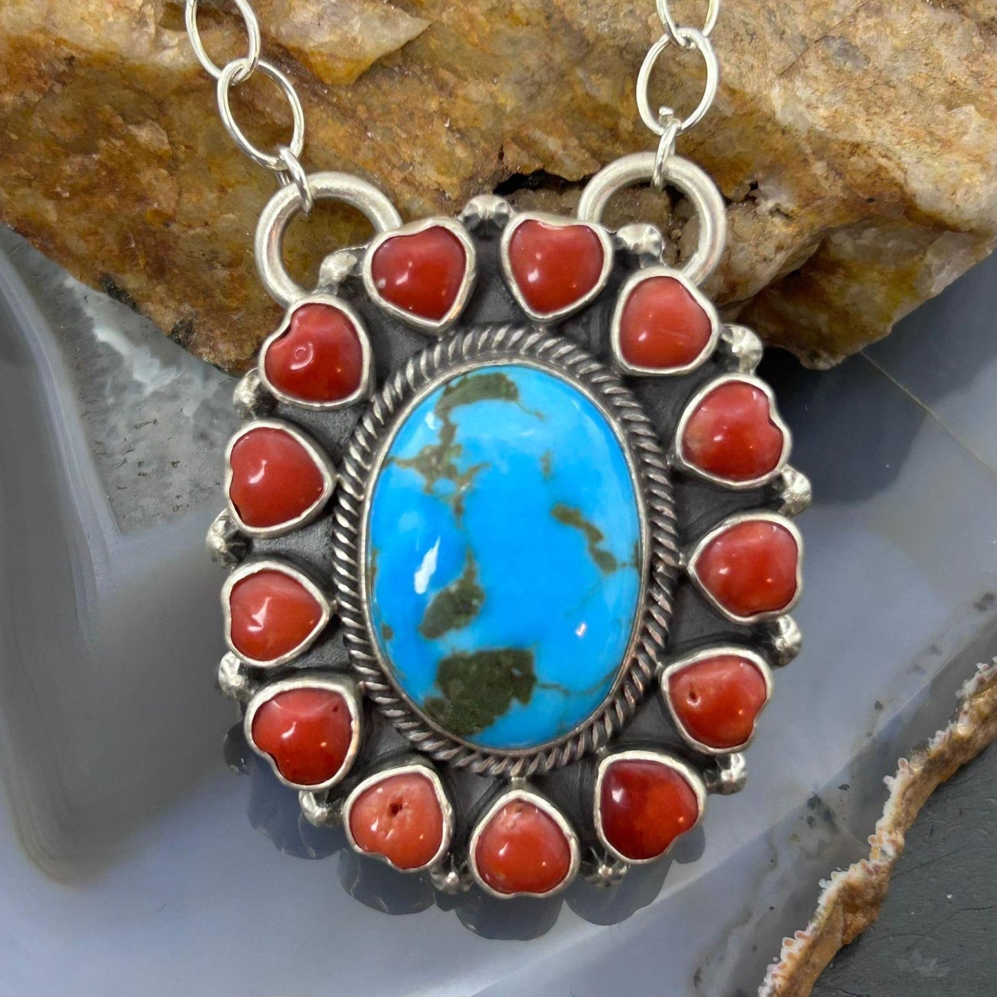 Native American Sterling Silver Oval Turquoise & Coral Heart Cluster Pendant W/Necklace For Women