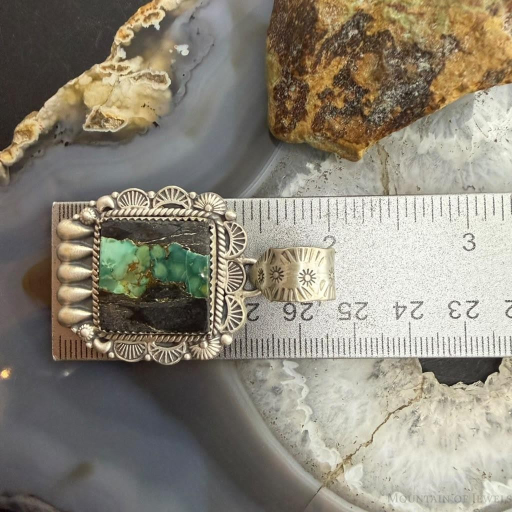 Sterling Silver Southwestern Style Rectangle Blackjack Turquoise Decorated Pendant #1