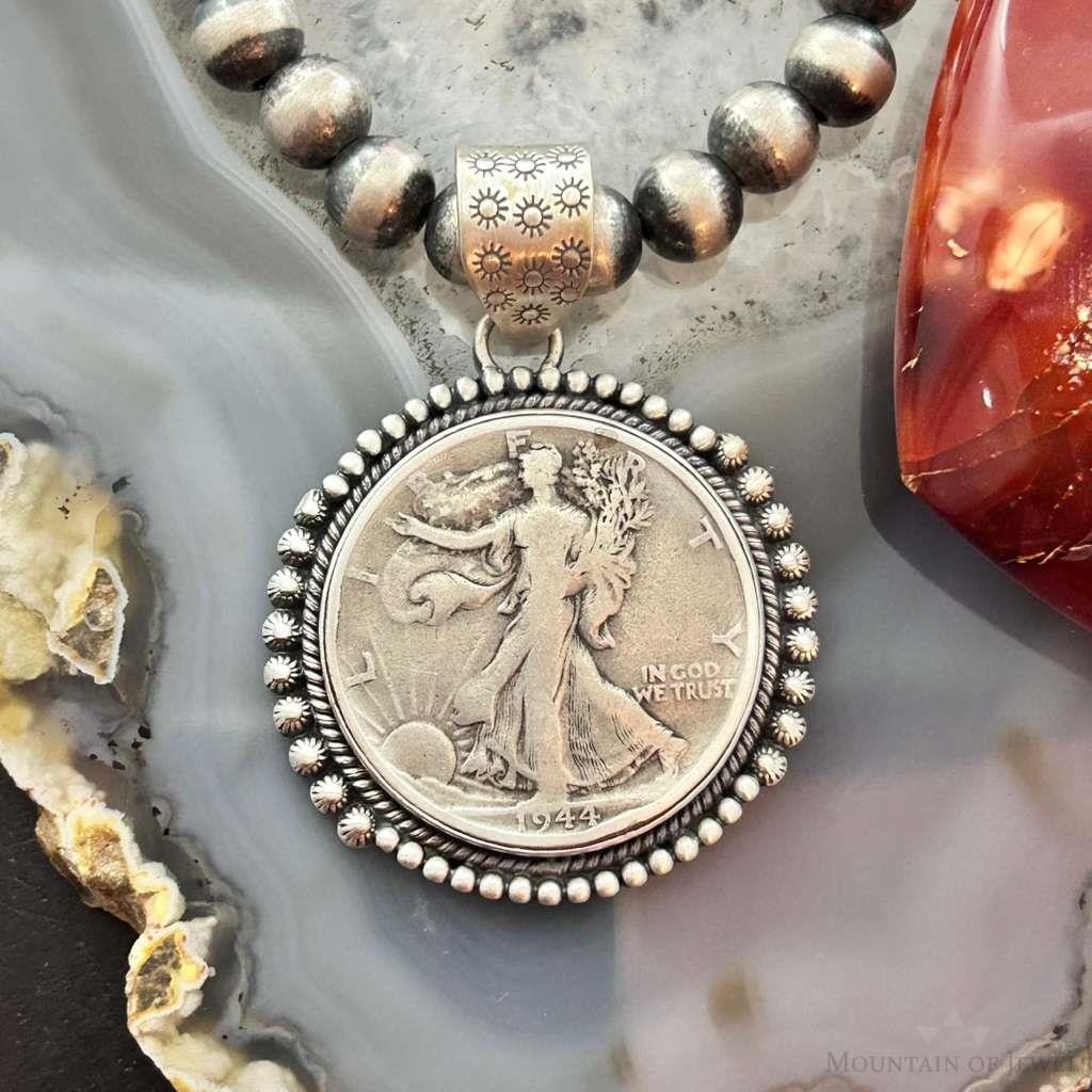 Genuine 90% Silver 1944 US Walking Liberty Half Dollar Decorated Unisex Pendant
