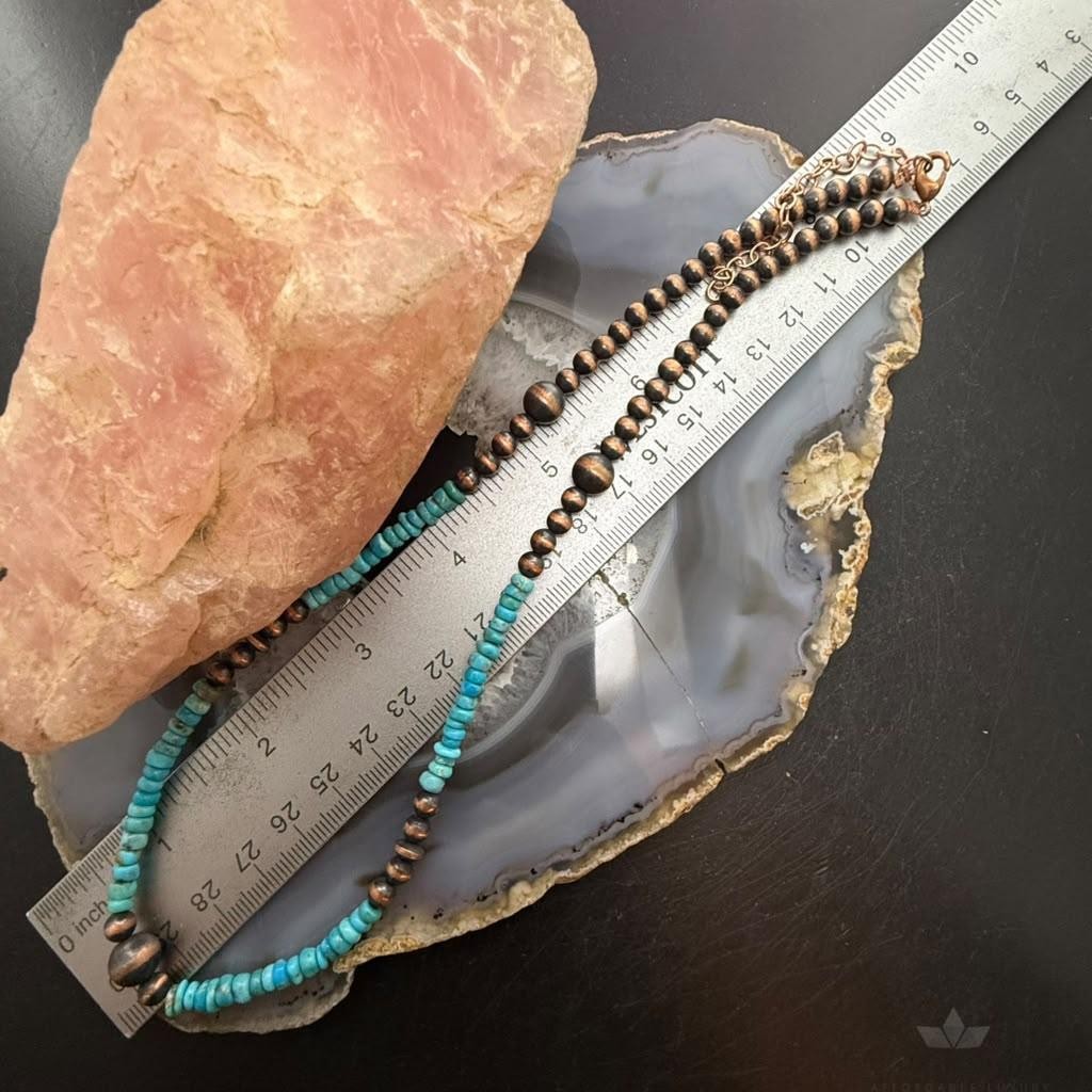 Southwestern Style 5-8.5mm Copper Navajo Pearl Round &Turquoise 18"-21" Necklace For Women