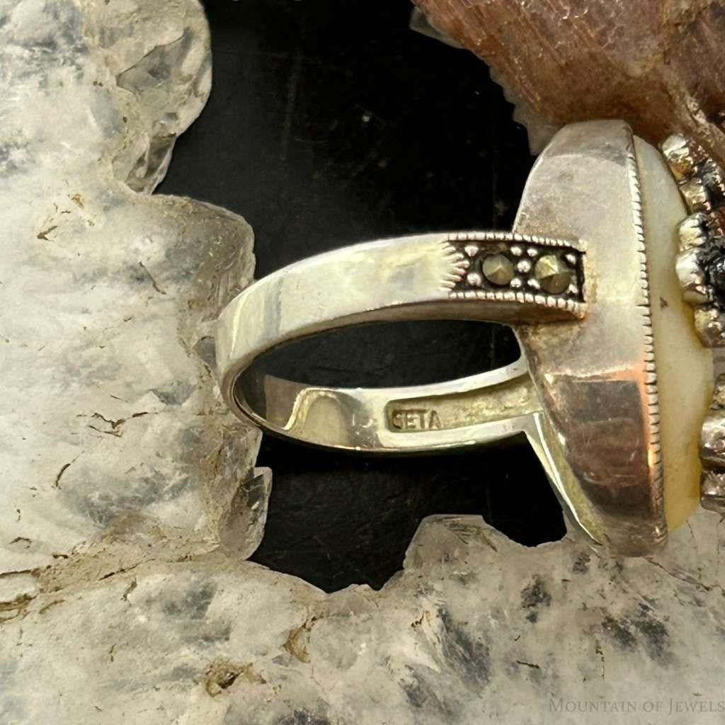 Sterling Silver Mother of Pearl & Marcasite Flower Ring Size 8 For Women