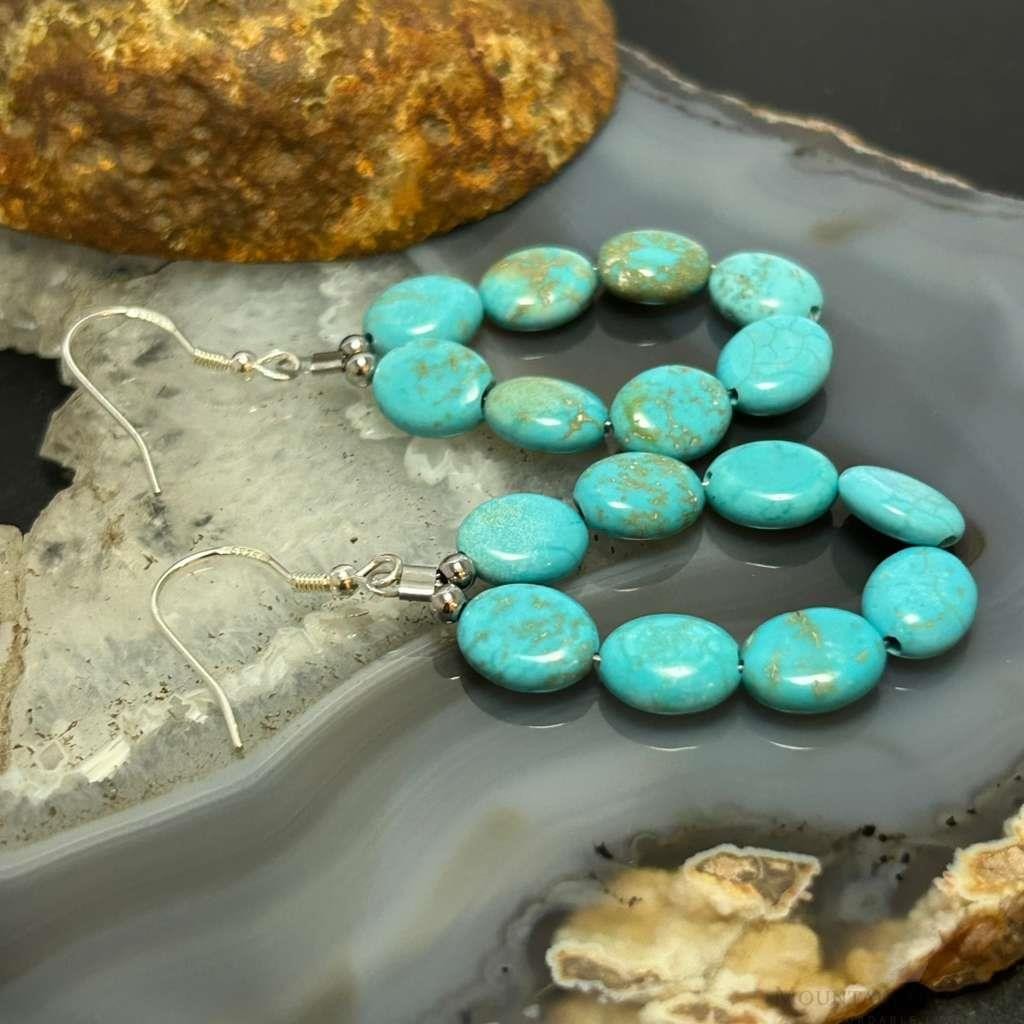 Sterling Silver 8 Oval Turquoise Beads Hoop Dangle Earrings For Women